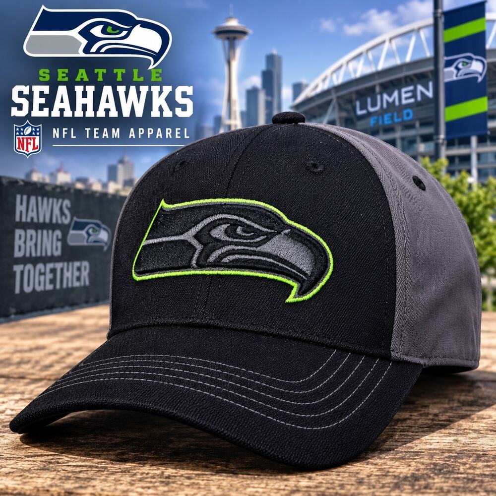 Seattle Seahawks Hat Cap NFL Team Apparel Black Gray Action Green Logo Strapbac